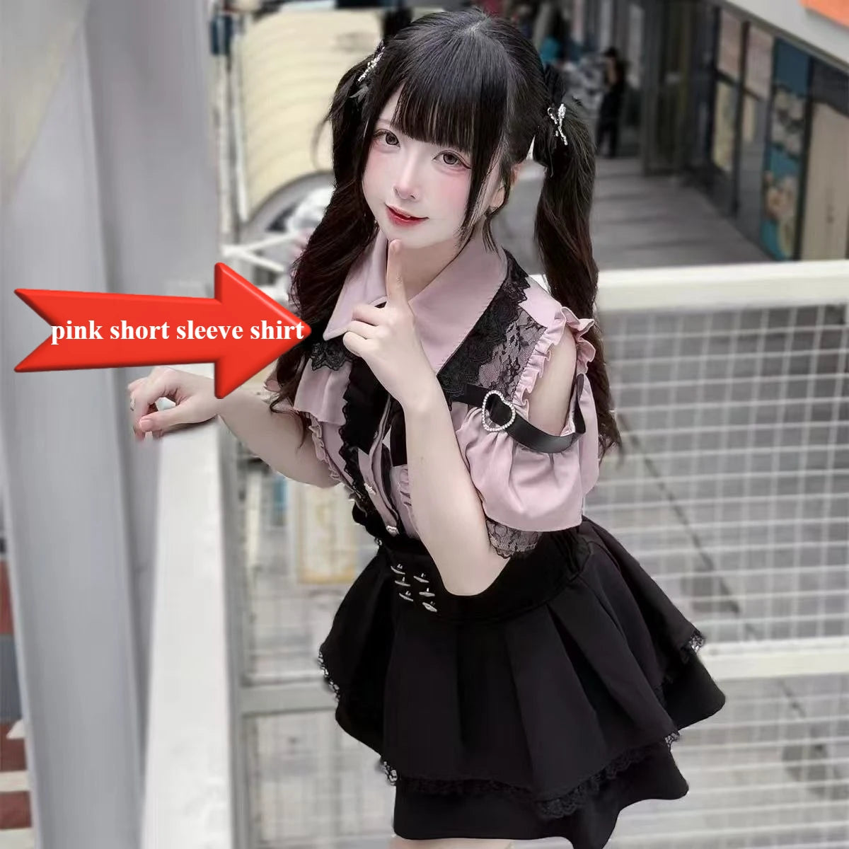 Dark Sweet Heart Ground Type Lolita Set, Ruffle Sleeve Top & A-line Skirt, Cute Kawaii Japanese Style Gothic Coord Outfit S-XL short sleeve shirt 1 Bazaare Mart