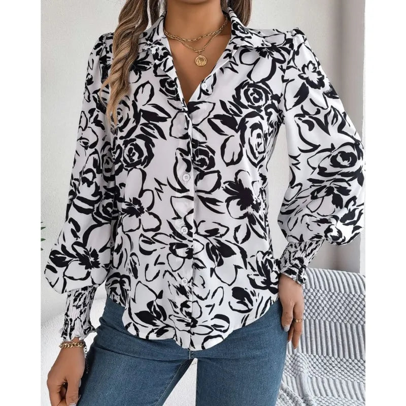 Floral Long Lantern Sleeve Flip Collar Blouse
