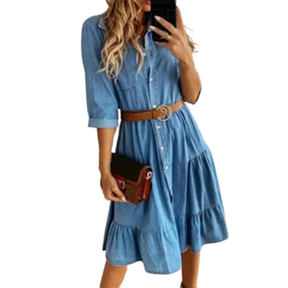 Blue Denim Shirt Dress – Tiered Ruffle Skirt & Three-Quarter Sleeves