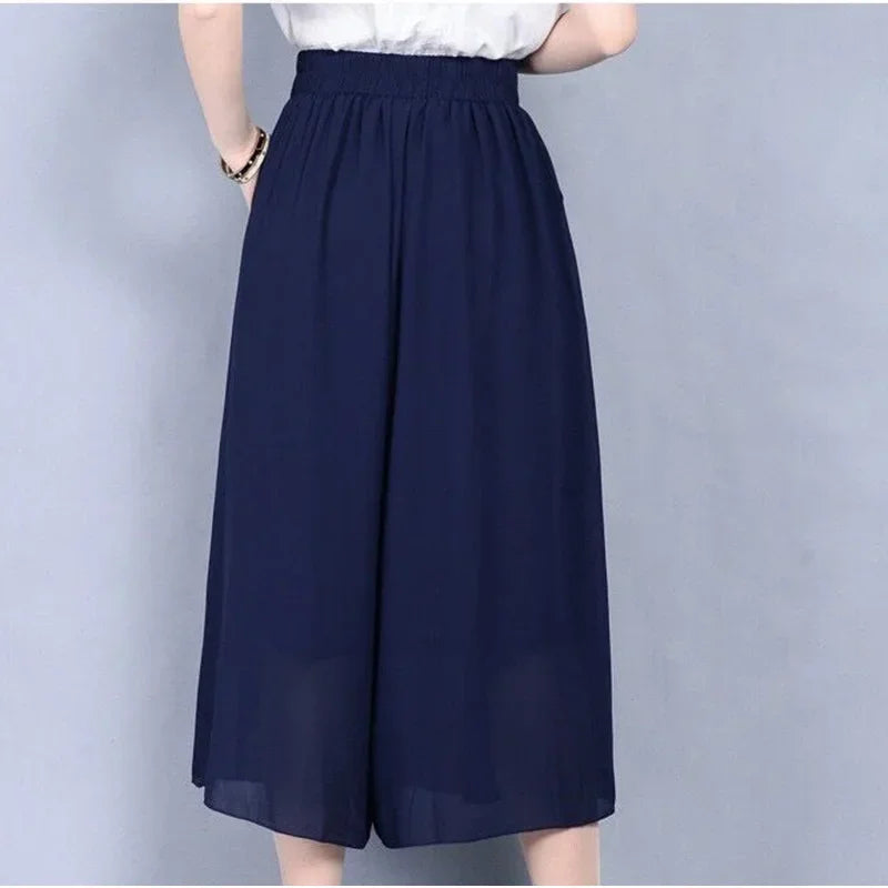 Elegant Solid Color Loose Elastic High Waist Folds Ruffles Capris Women's New Office Lady Commute Irregular Casual Pants Bazaare Mart