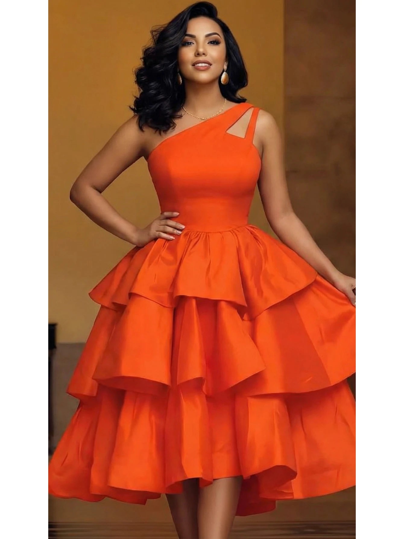 One-Shoulder Cutout Tiered Midi Dress