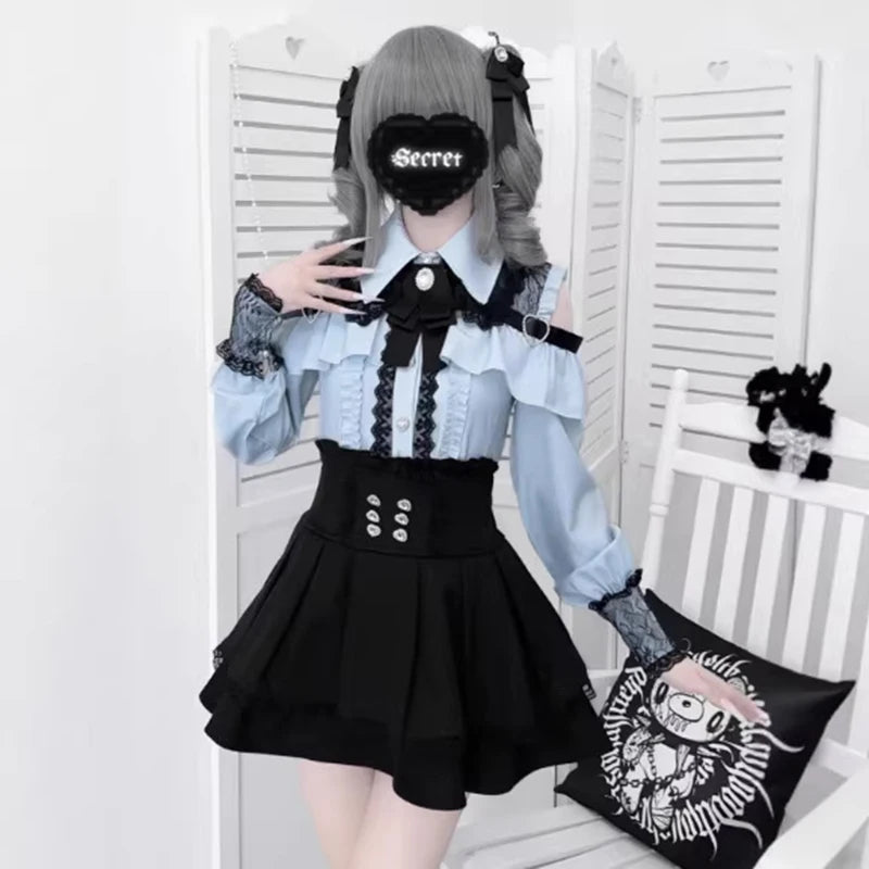 Jirai kei Shirt JK Skirt Japanese Style Lolita Y2K Sweet School Uniform Blouse Top Dress Darkness Outfit Women Girls Theme Party Bazaare Mart