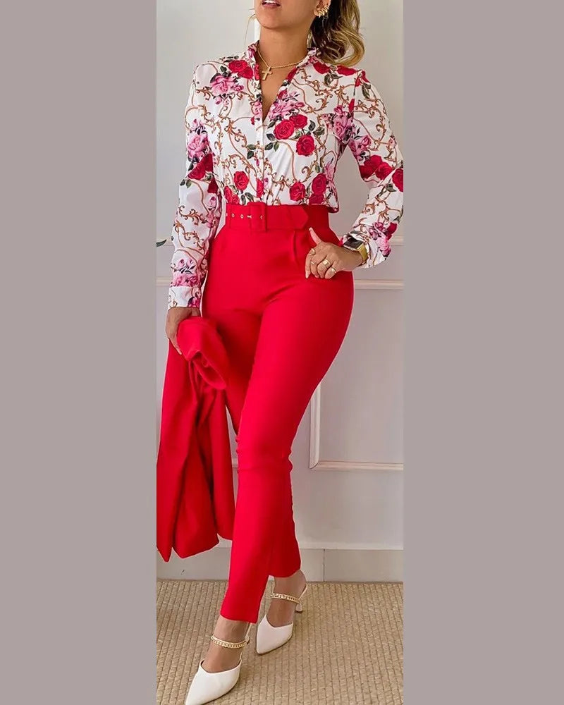 Print Long Sleeve Shirt Matching Pants Sets With Belt