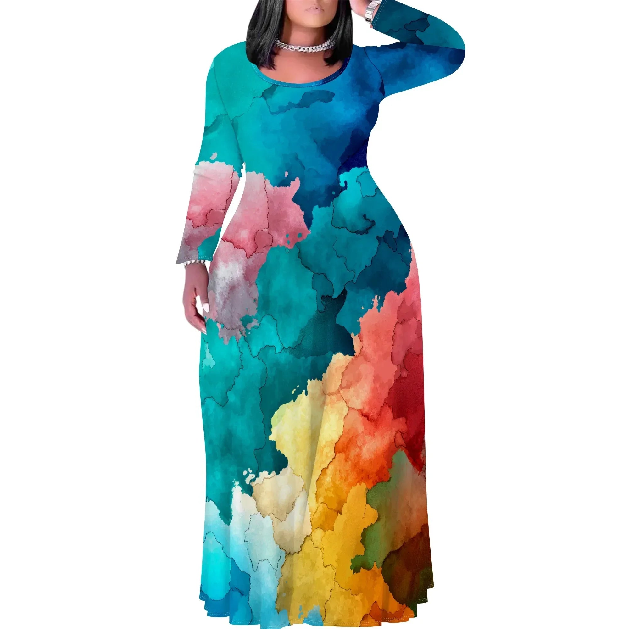 Tie Dye Print Scoop Neck Long Sleeve Maxi Dress Pattern-6 CHINA Bazaare Mart Tie Dye Print Scoop Neck Long Sleeve Maxi Dress