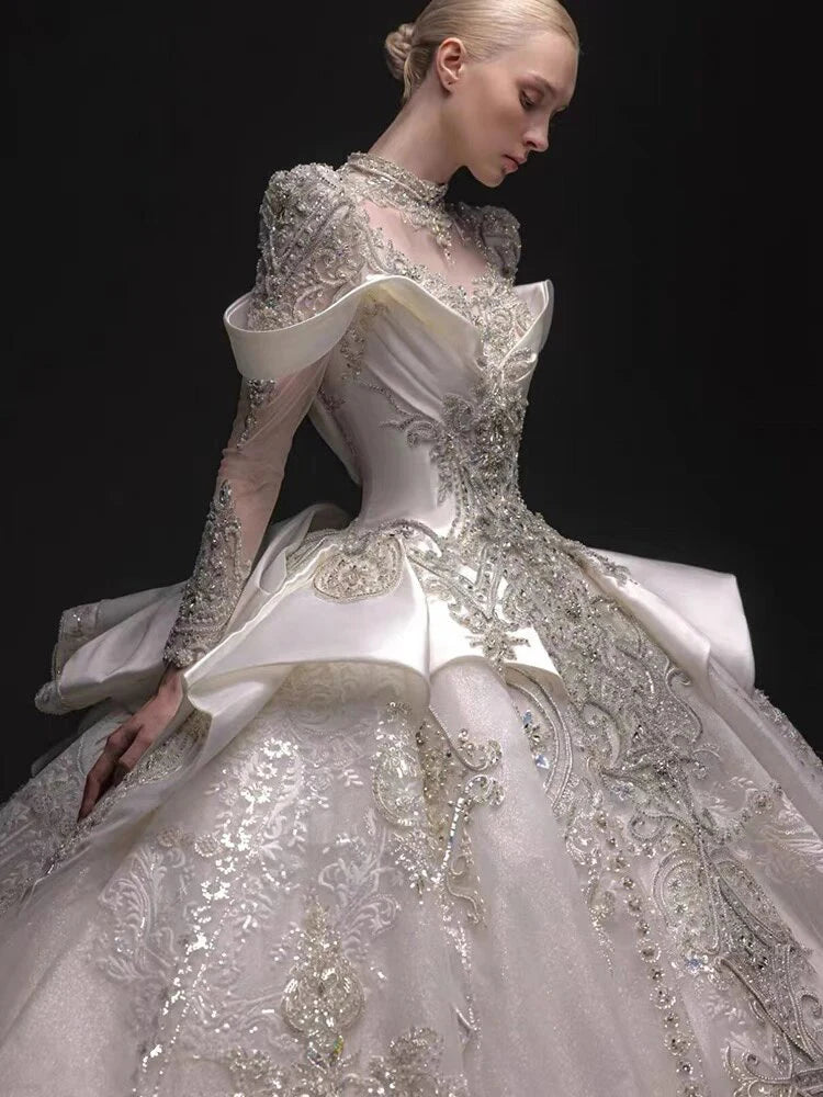 Long Sleeve Princess Sparkling Beaded Bridal Gown Bazaare Mart Beaded Long Sleeve Bridal Gown