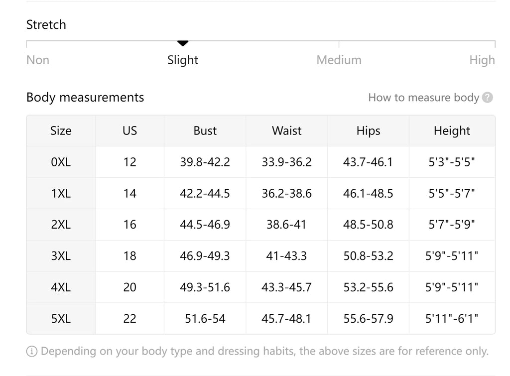 Size chart for clothing with measurements in US, Bust, Waist, Hips, and Height.