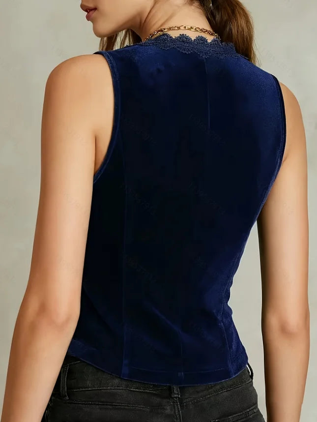 Women's V-Neck Velvet Vest with Lace Trim and Button Design