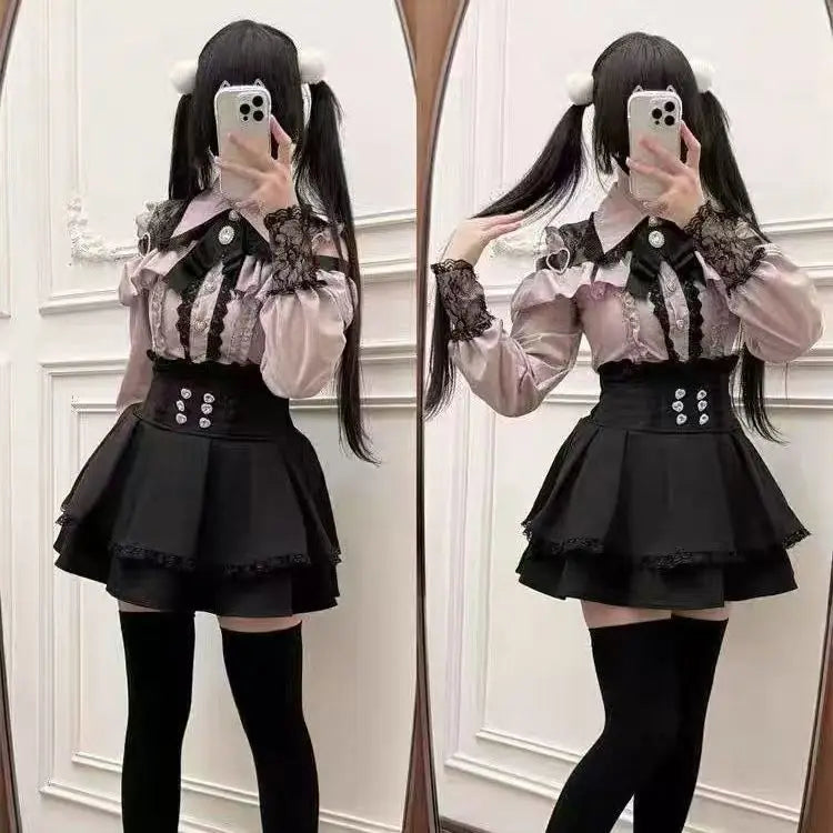 Dark Sweet Heart Ground Type Lolita Set, Ruffle Sleeve Top & A-line Skirt, Cute Kawaii Japanese Style Gothic Coord Outfit S-XL Bazaare Mart