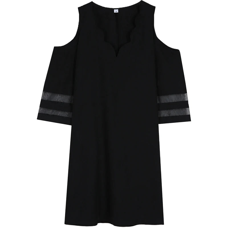 Summer Cold-Shoulder V Neck Stripe Mesh Sleeve Dress Bazaare Mart Black V-Neck Dress