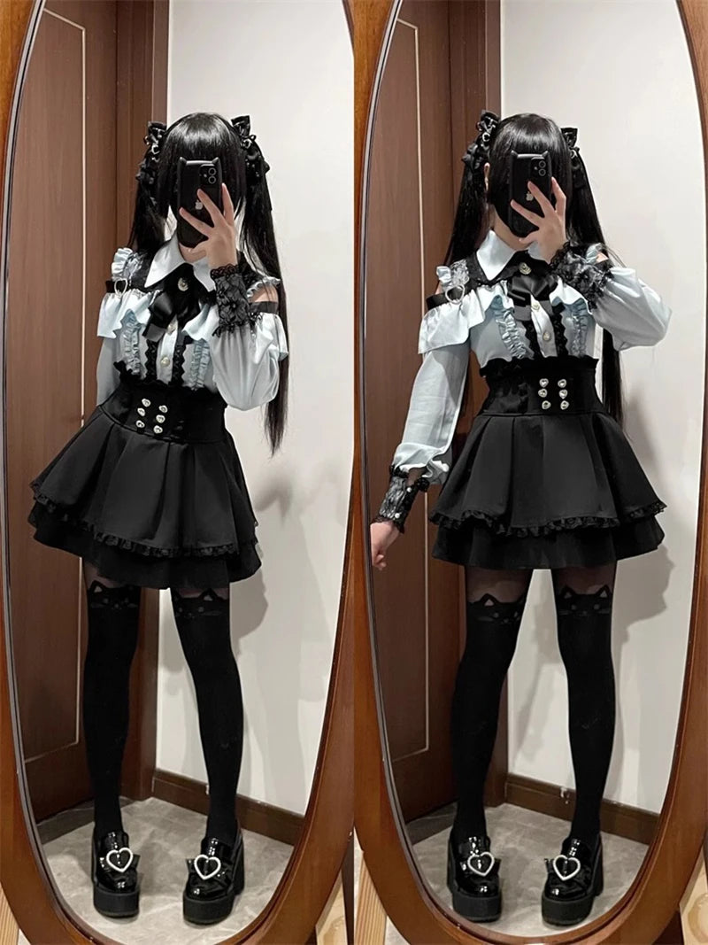 Jirai kei Shirt JK Skirt Japanese Style Lolita Y2K Sweet School Uniform Blouse Top Dress Darkness Outfit Women Girls Theme Party Bazaare Mart