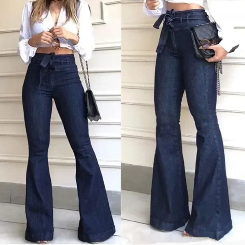 Women's High-Waist Flare Jeans – Slight Stretch Denim Pants with Button Detail and Pockets Bazaare Mart Denim Jeans