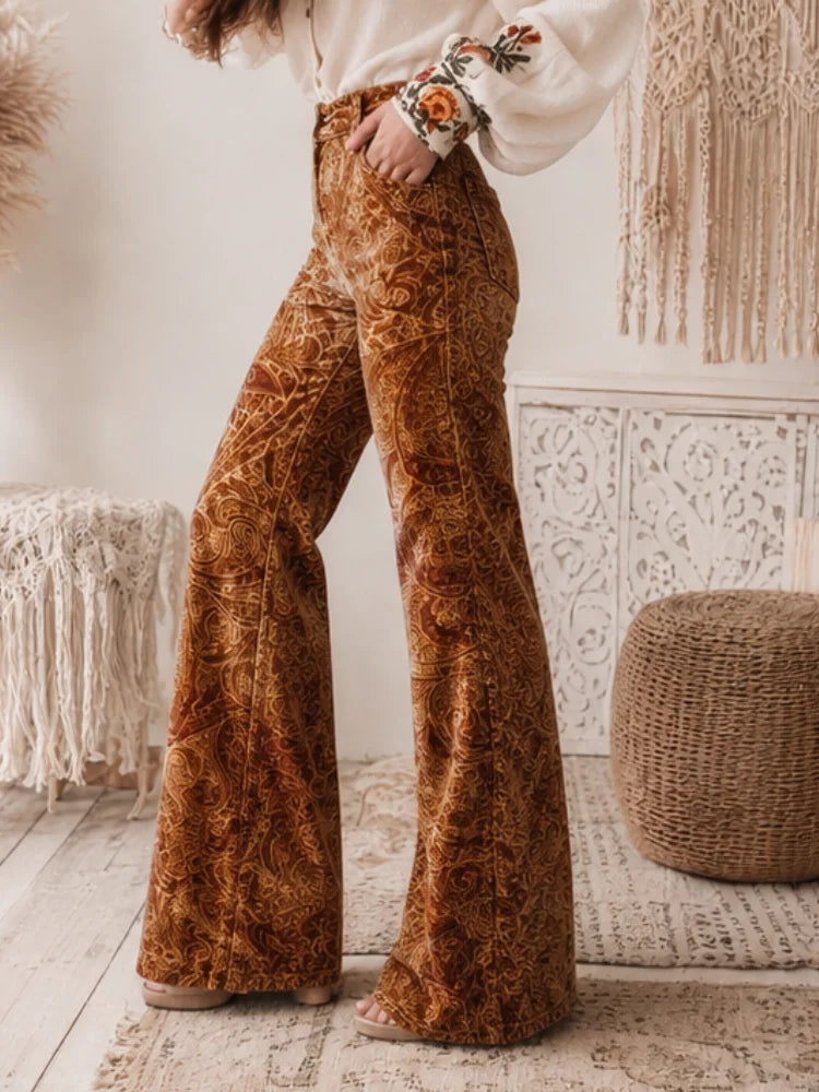 Vintage Velvet Paisley High-Waist Bell Bottom Slacks