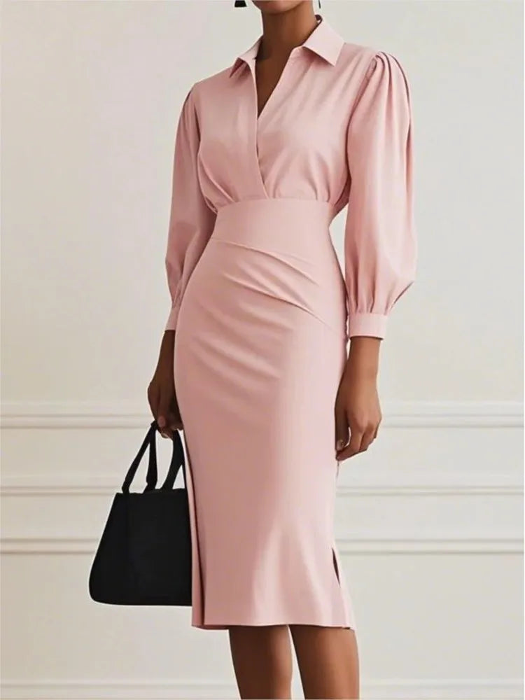 Fashionable Collared V-neck Solid Color Long-sleeved Bodycon Midi Dress
