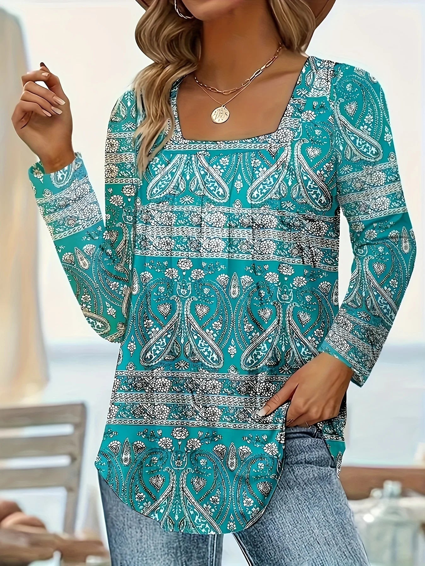 Women's Square Neck Printed Long Sleeve Blouses