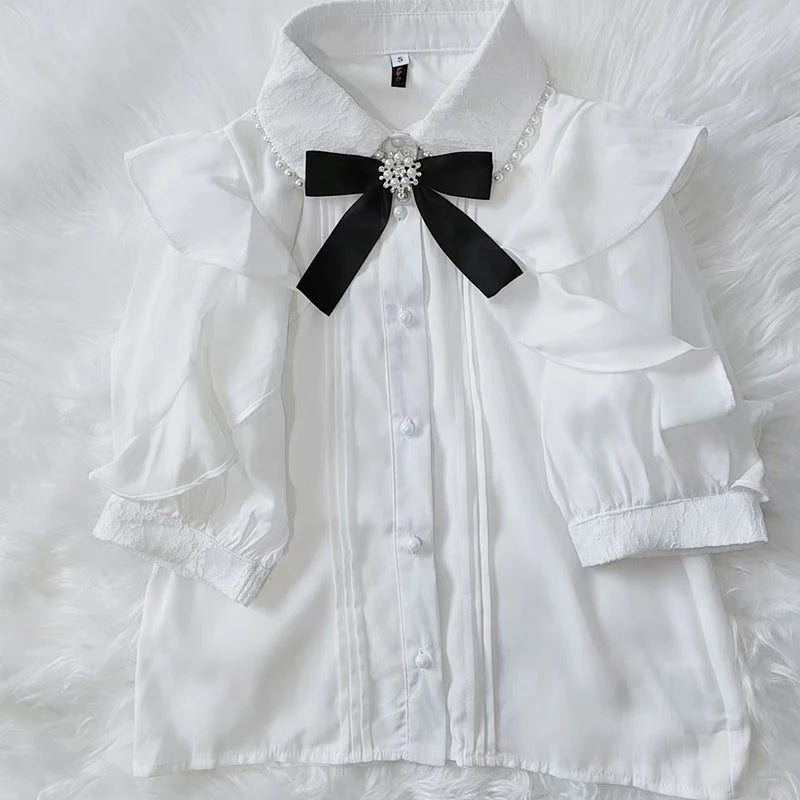 Women's Kawaii Lolita Blouse – Japanese-Inspired Peter Pan Collar Shirt with Lace & Bow Details Bazaare Mart Blouse