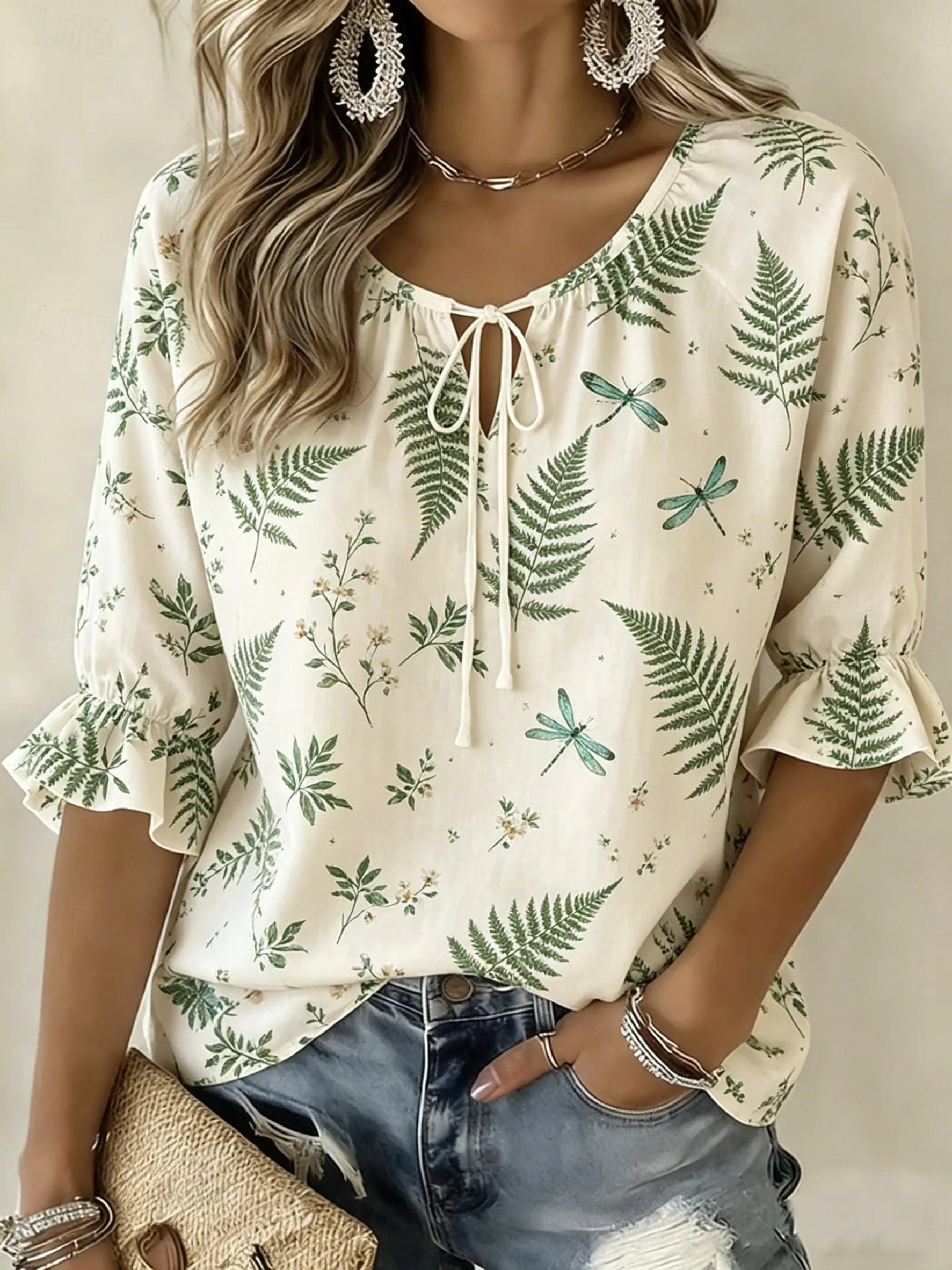 Women's Floral Butterfly & Hummingbird Tie Neck Blouse