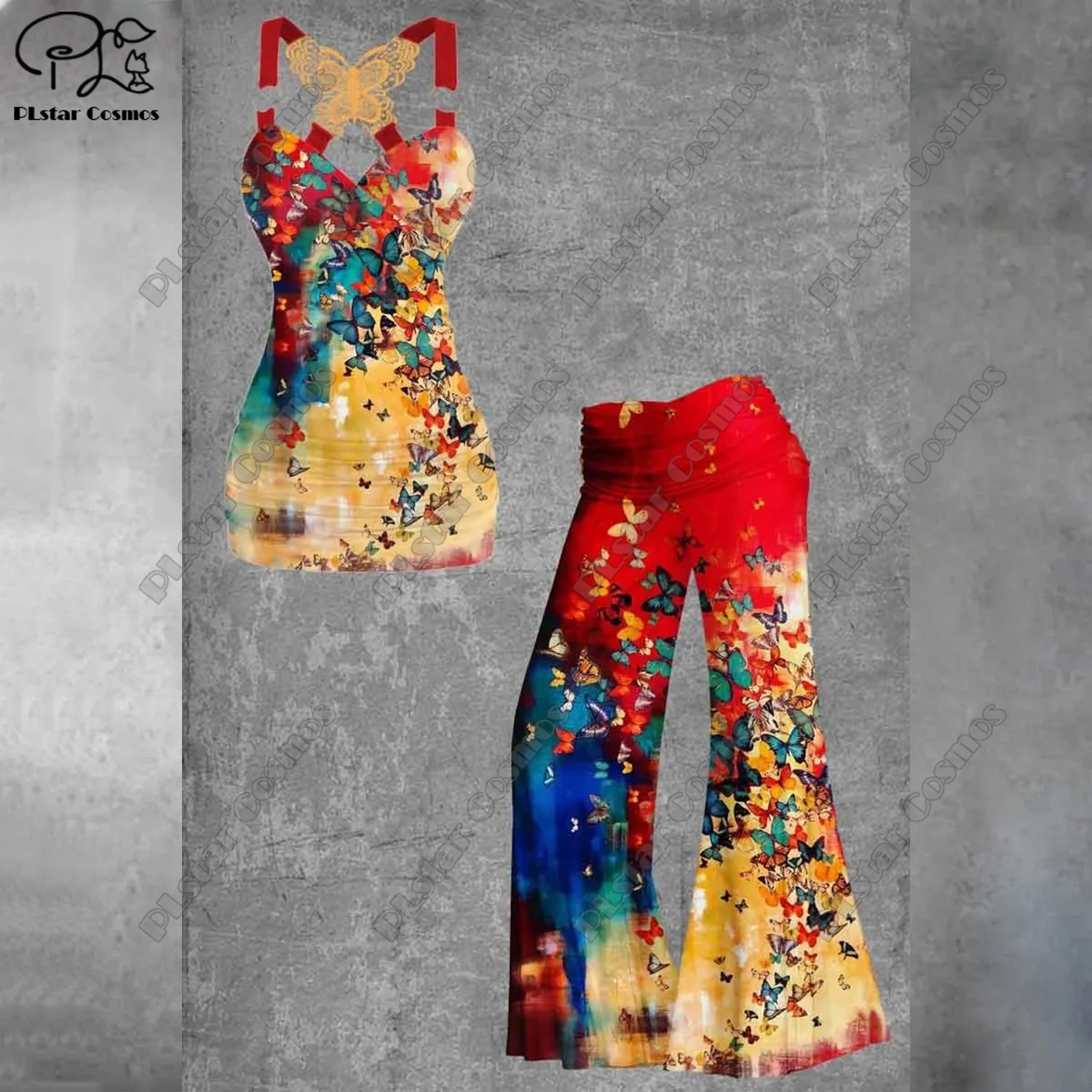 PLstar Cosmos 2023 new 3D printing women's literary rainbow butterfly vest + wide-leg pants two-piece set H1 Bazaare Mart