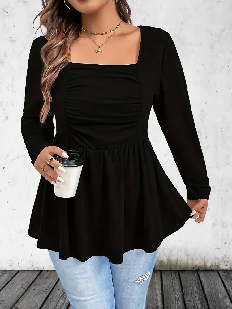 Black Square Neck Pleated Long Sleeve Top