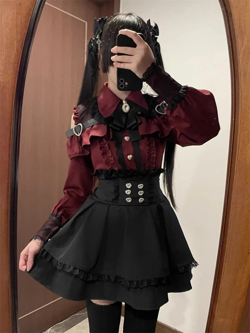 Jirai kei Shirt JK Skirt Japanese Style Lolita Y2K Sweet School Uniform Blouse Top Dress Darkness Outfit Women Girls Theme Party Bazaare Mart
