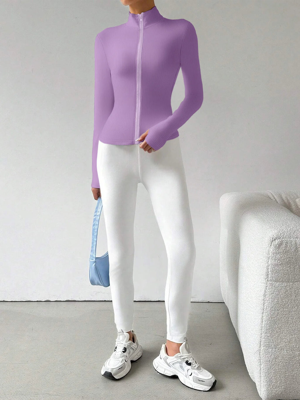 Ribbed Knit Zip-Up Crop Active Fit Jacket with Stand Collar