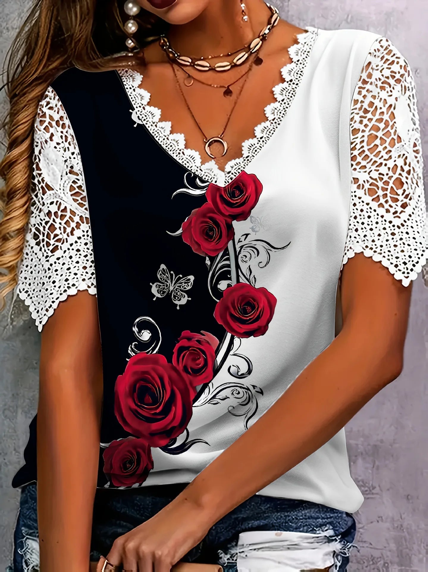 Women's Boho Floral Lace Sleeve Blouse – V-Neck Loose Fit Casual Top
