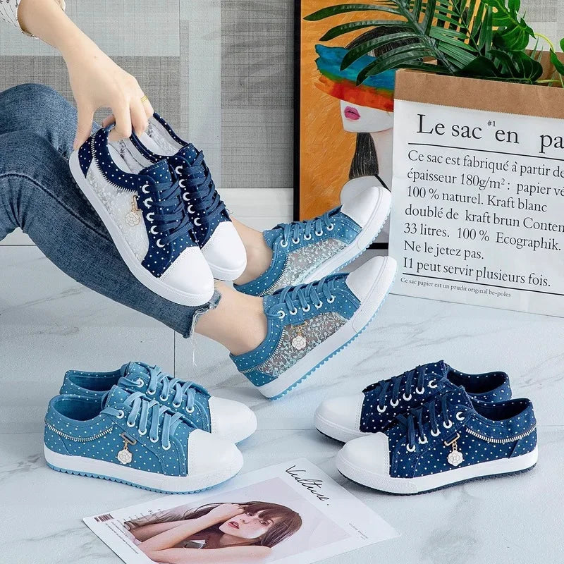Unique Hollow Mesh Polka Dot Denim Sneakers