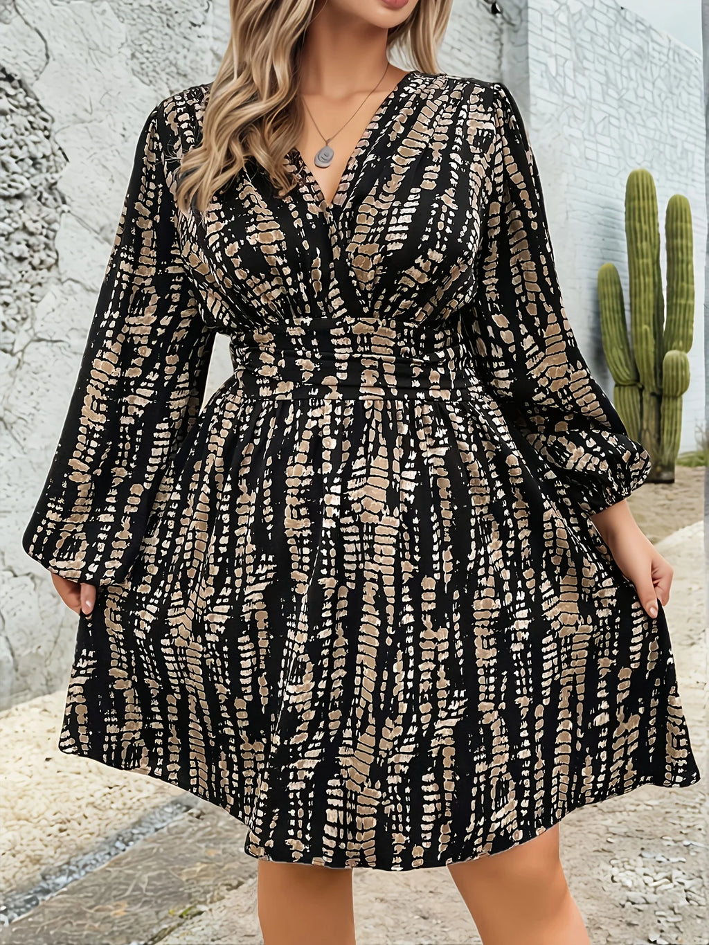 V-Neck Long Puffy Sleeve Cinched Waist Dress