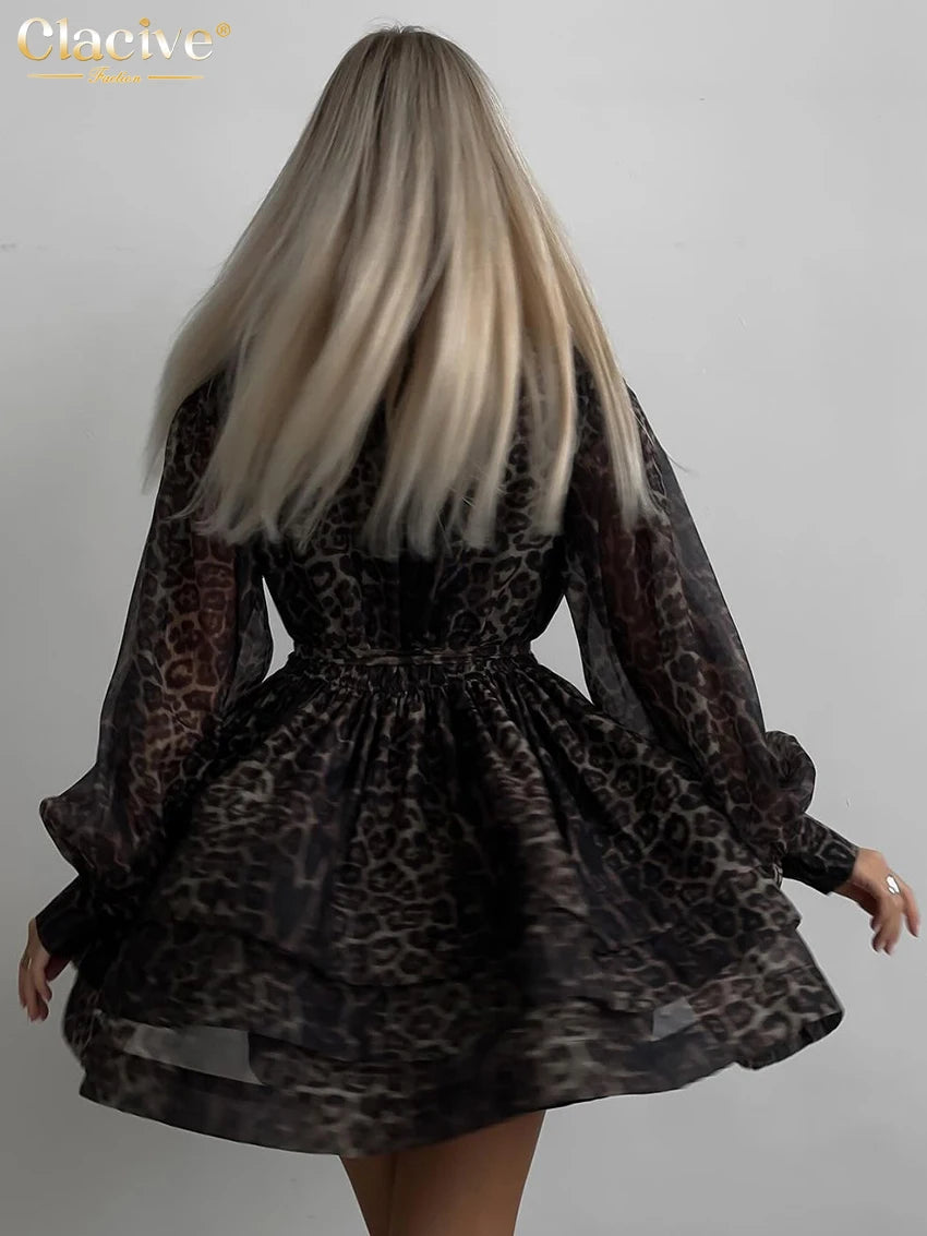Retro Leopard Print Long Sleeve Mini Dress Bazaare Mart Mini Dress