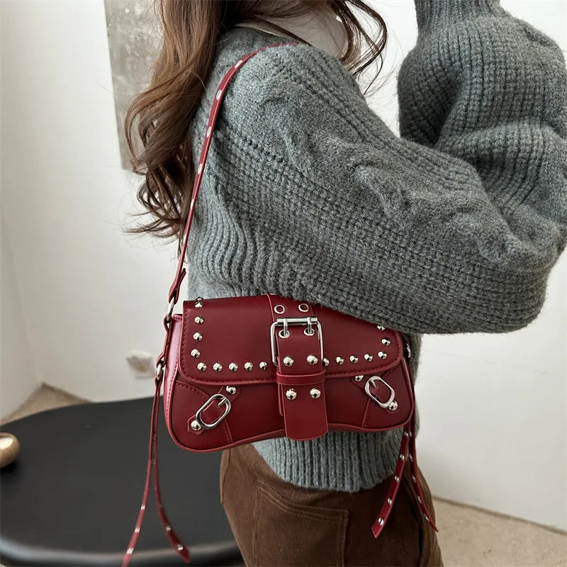 Studded Baguette Shoulder Bag – Faux Leather Punk Rock Shoulder Purse with Buckle & Rivet Details Bazaare Mart Shoulder Purse