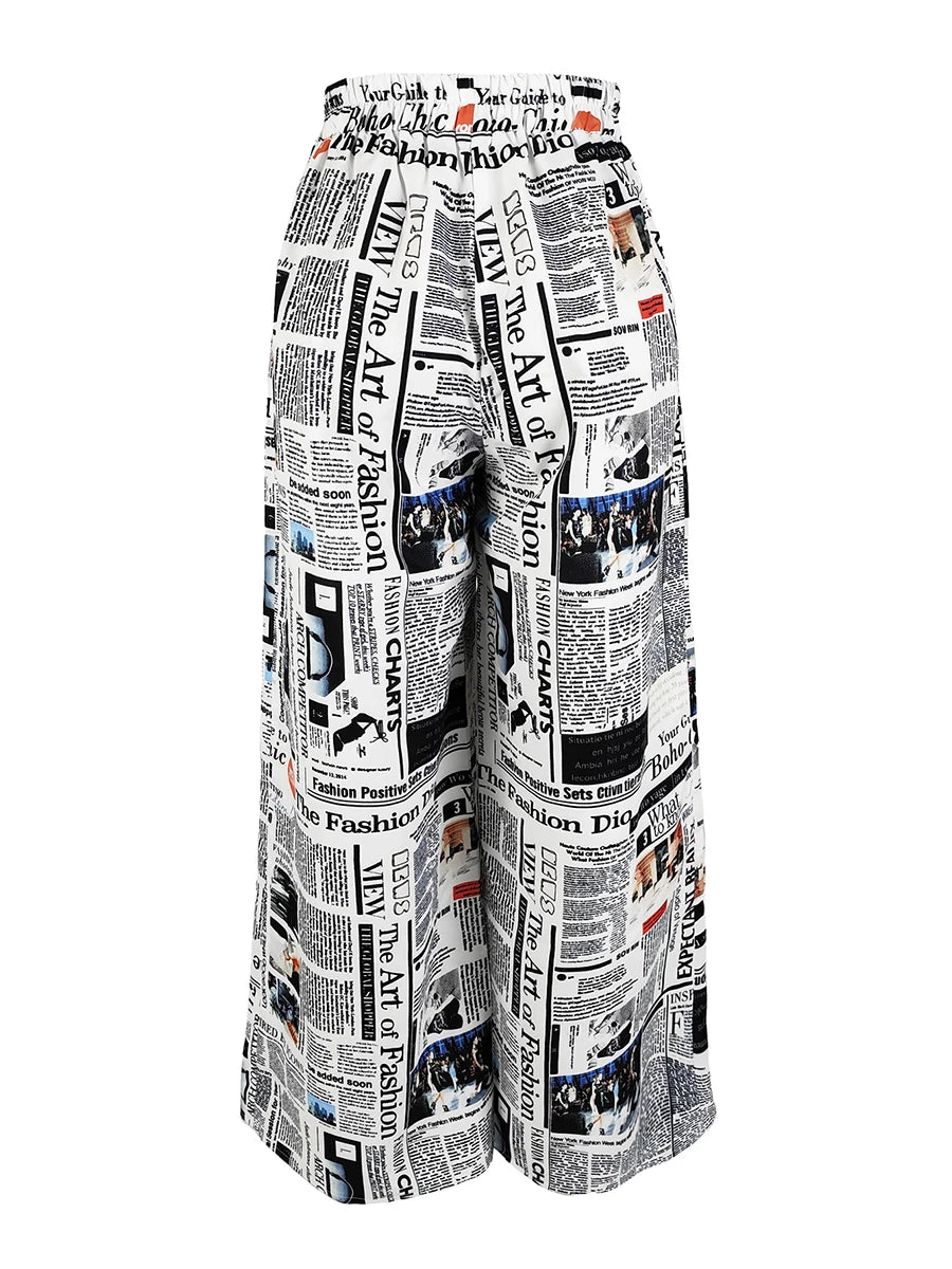Vintage Newspaper Print Wide Leg Pants