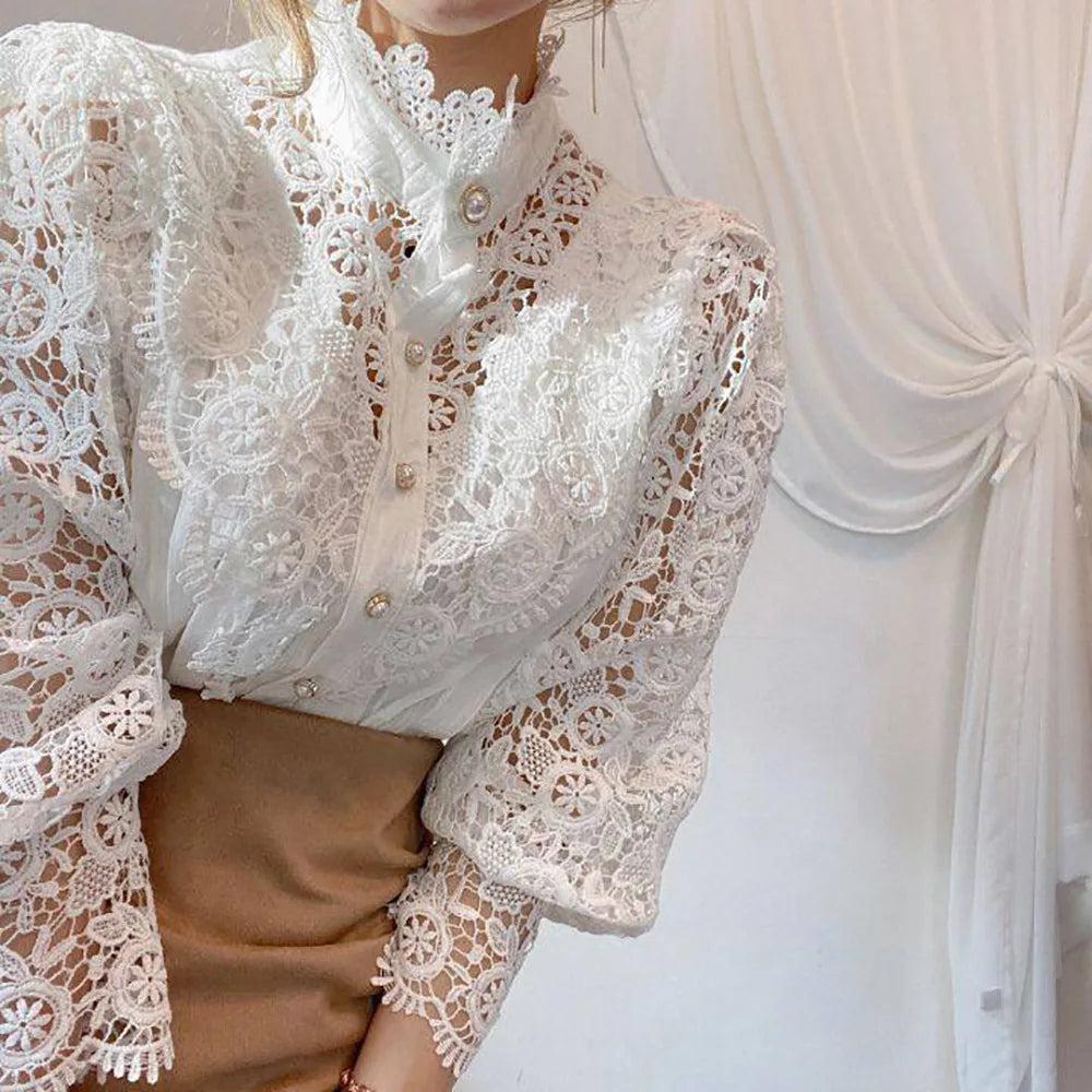 Vintage Lace Long Sleeve Pearl Button Blouse
