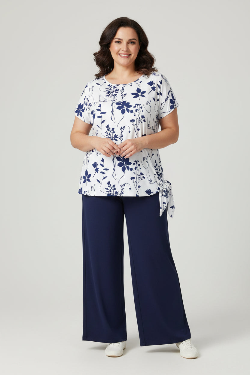 Plus Size Navy Blue Floral Tie Side Top & Wide Leg Pants 2 Piece Set | Women's Summer Casual Outfit Bazaare Mart 2pc Pants Set