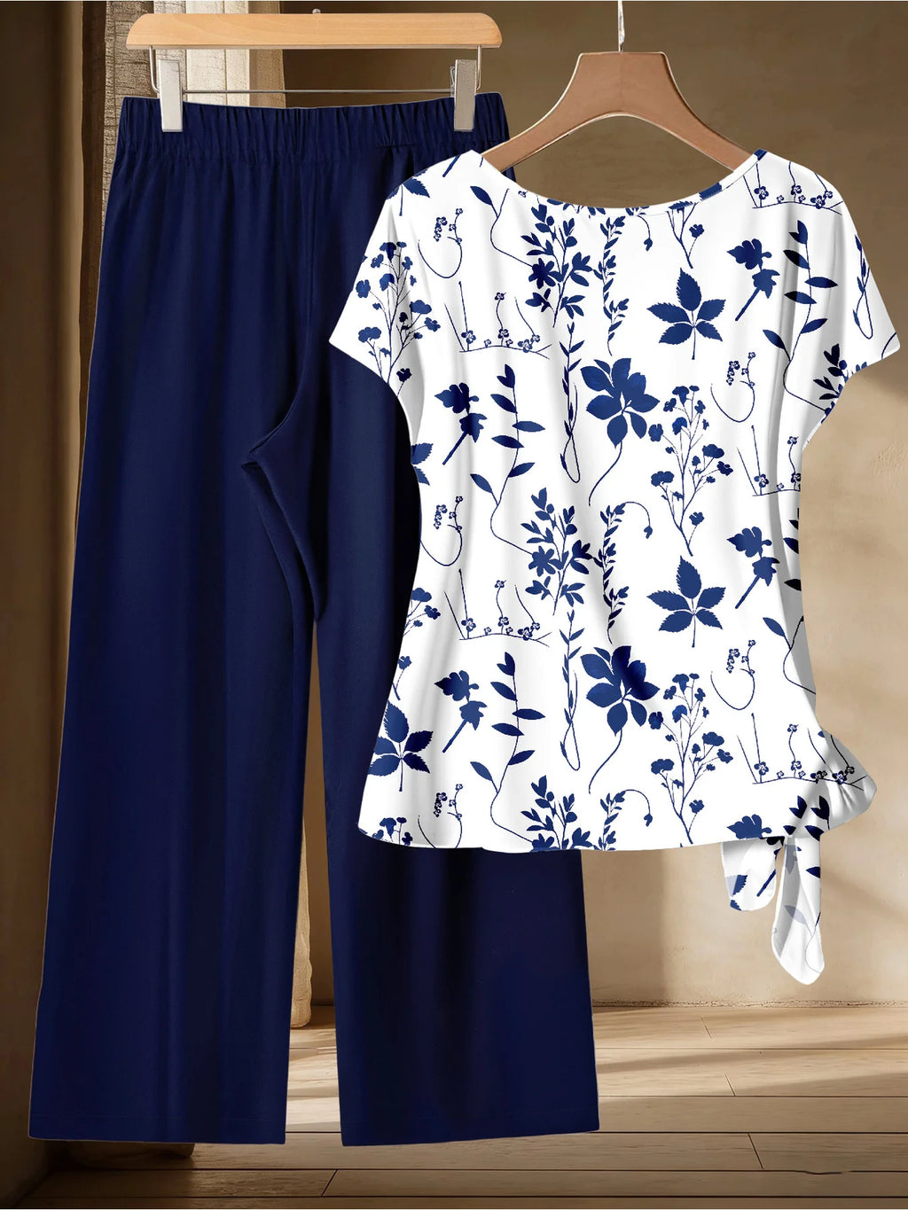 Plus Size Navy Blue Floral Tie Side Top & Wide Leg Pants 2 Piece Set | Women's Summer Casual Outfit Bazaare Mart 2pc Pants Set