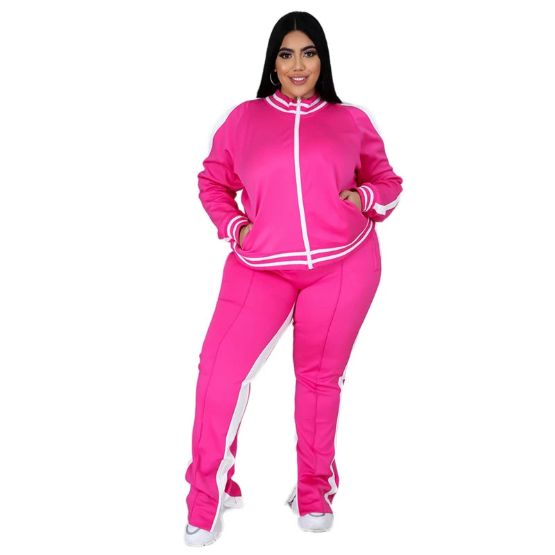 Plus Size Fluorescent Striped Cold Shoulder Tracksuit