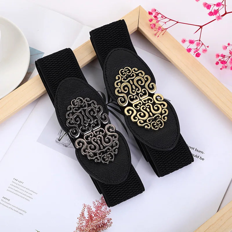 Wide Black Elastic Intricate Buckle Belt Bazaare Mart Wide Black Elastic Intricate Buckle Belt