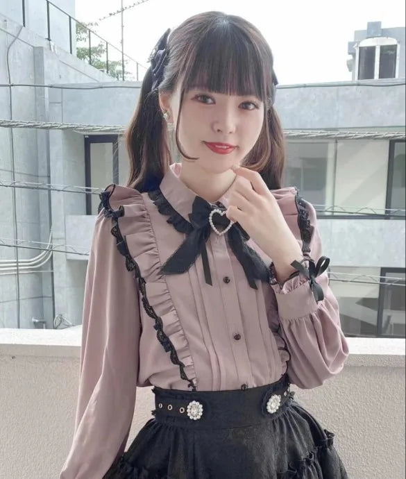 Women's Kawaii Lolita Blouse – Japanese-Inspired Peter Pan Collar Shirt with Lace & Bow Details Bazaare Mart Blouse