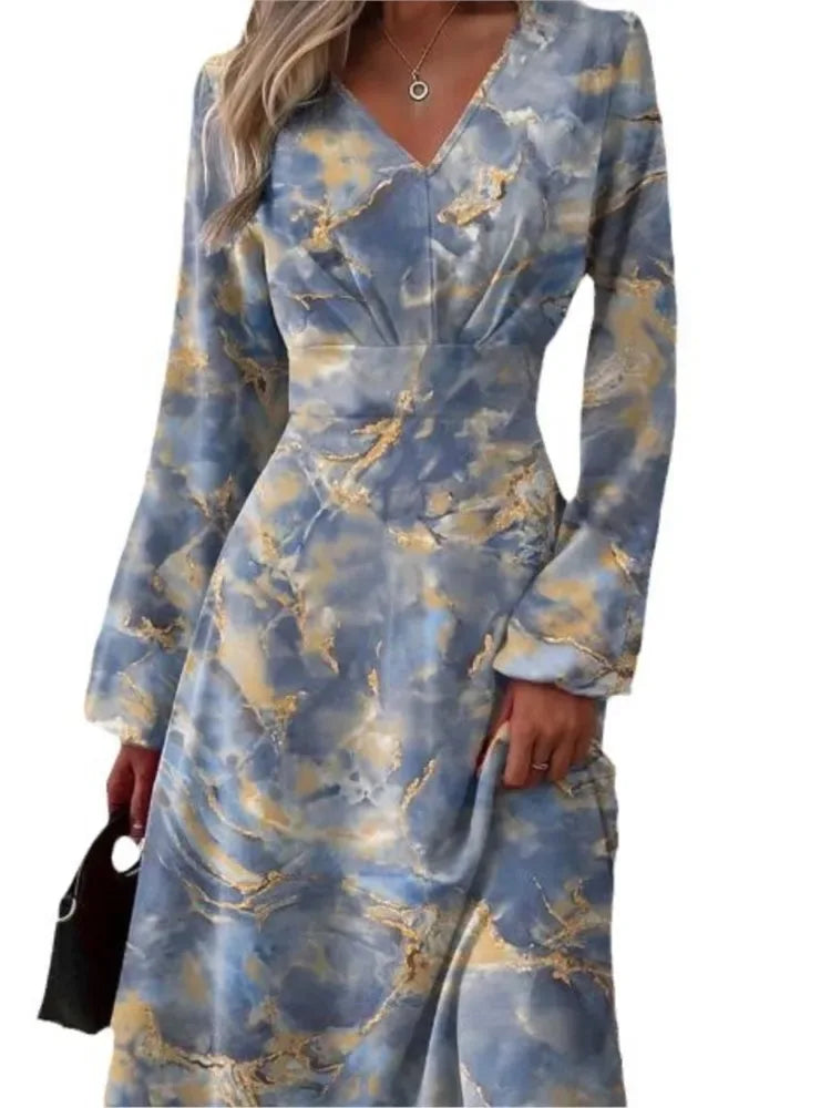 Slim Fit Printed V-neck Long Sleeve Dress Bazaare Mart Long Sleeve Midi Dress