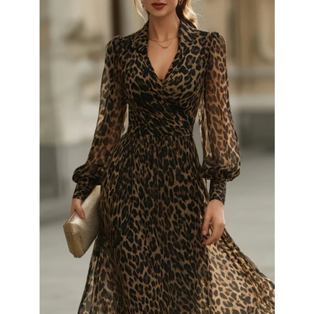 Sheer Leopard Print Elegant Flowy Long Sleeve V-Neck Dress
