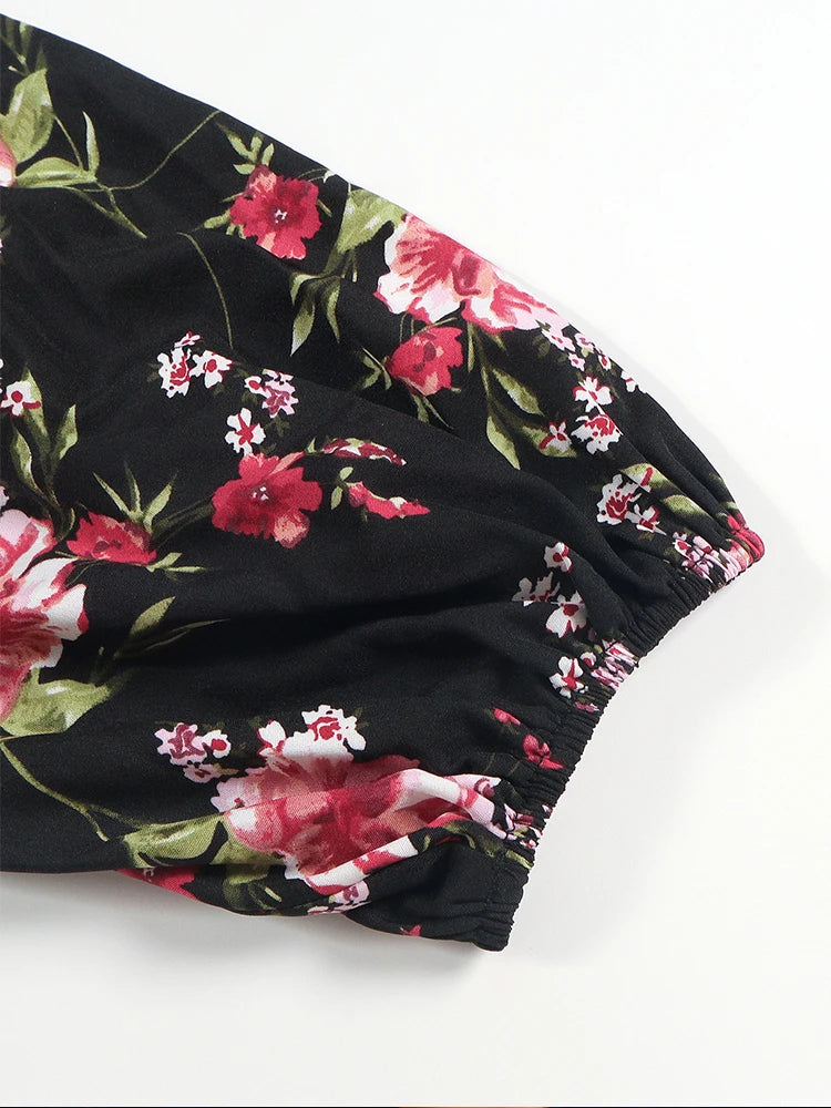 Elegant Black Floral V-Neck Long Sleeve Midi Dress Bazaare Mart Elegant Black Floral V-Neck Long Sleeve Midi Dress