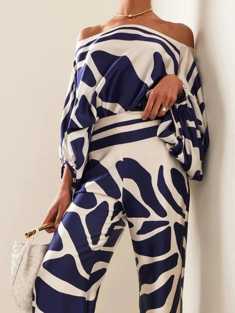 Abstract Printed Satin 2-piece Pants Set