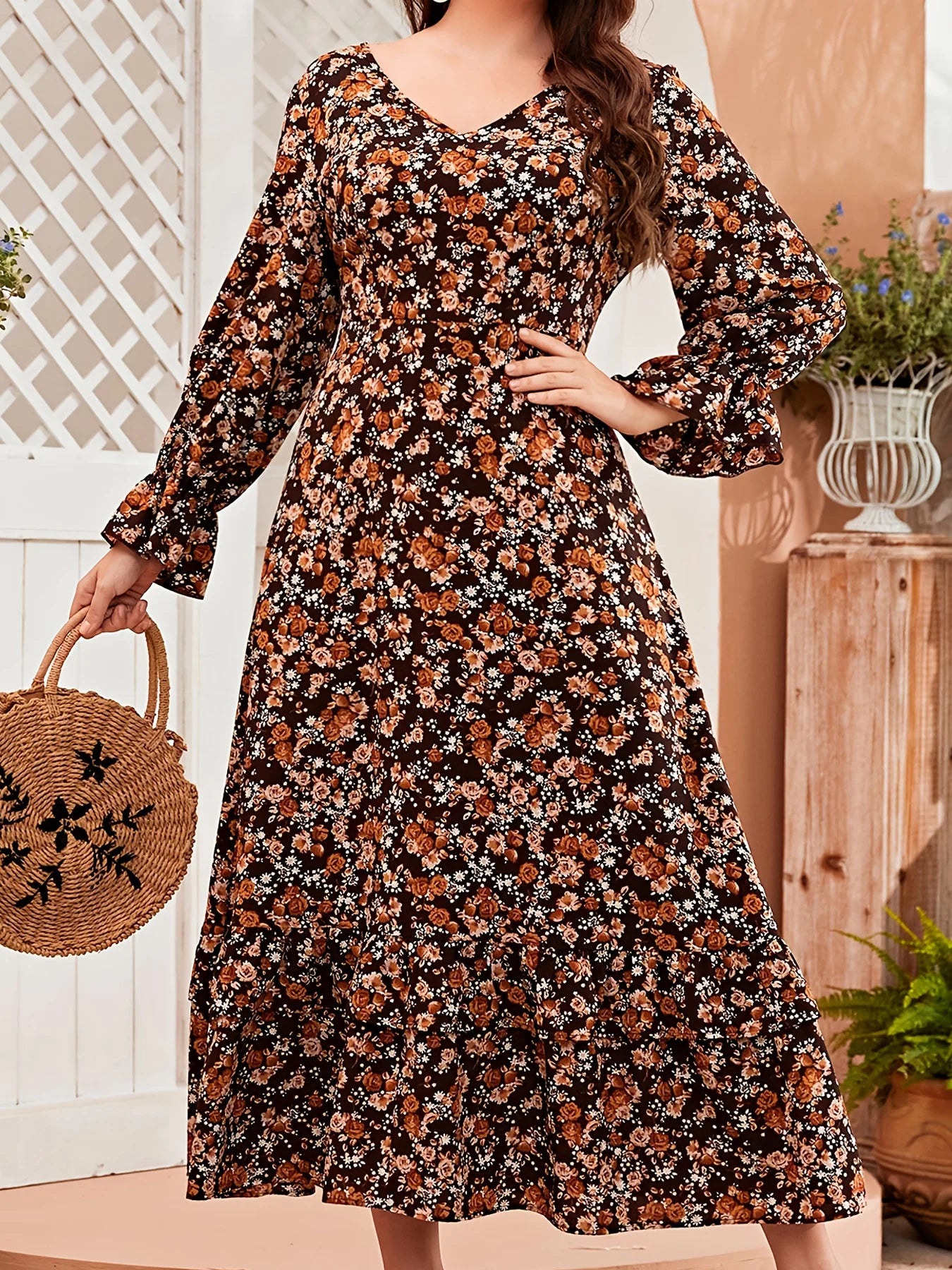 Brown Floral Long Sleeve V-Neck Midi Dress