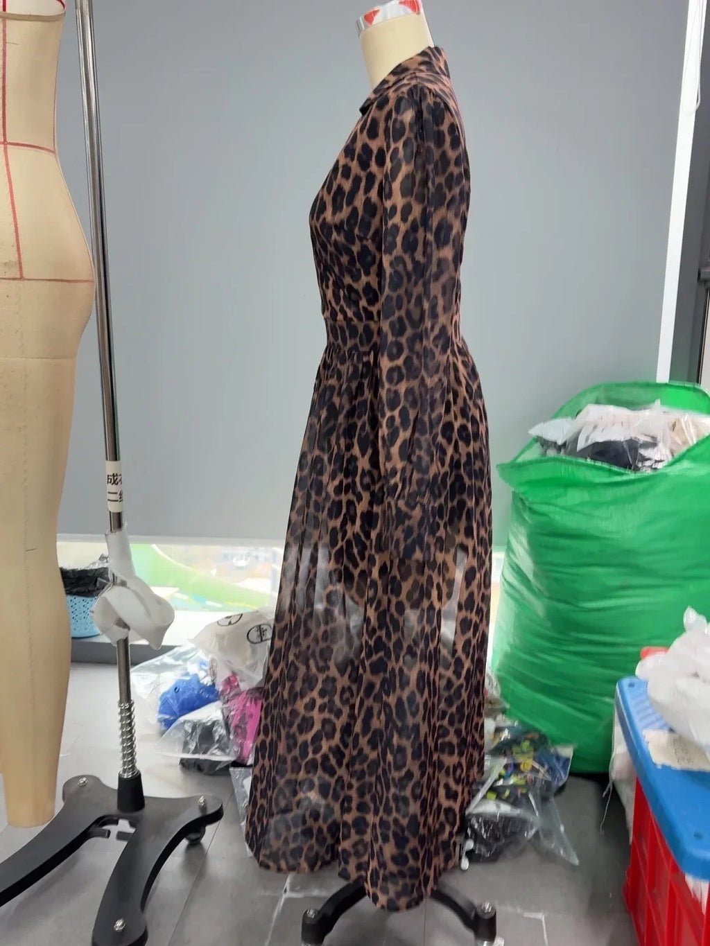Sheer Leopard Print Elegant Flowy Long Sleeve V-Neck Dress