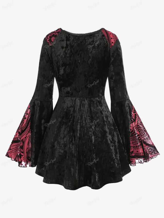 Black Velvet Red Paisley Lace Trim Long Flare Sleeve Top Bazaare Mart Red & Black Gothic Blouse