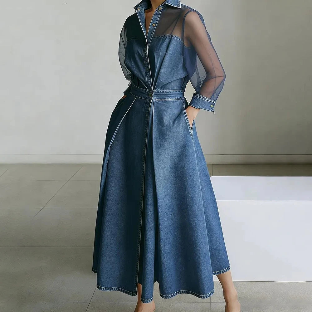 Denim Midi Dress with Sheer Mesh Sleeves