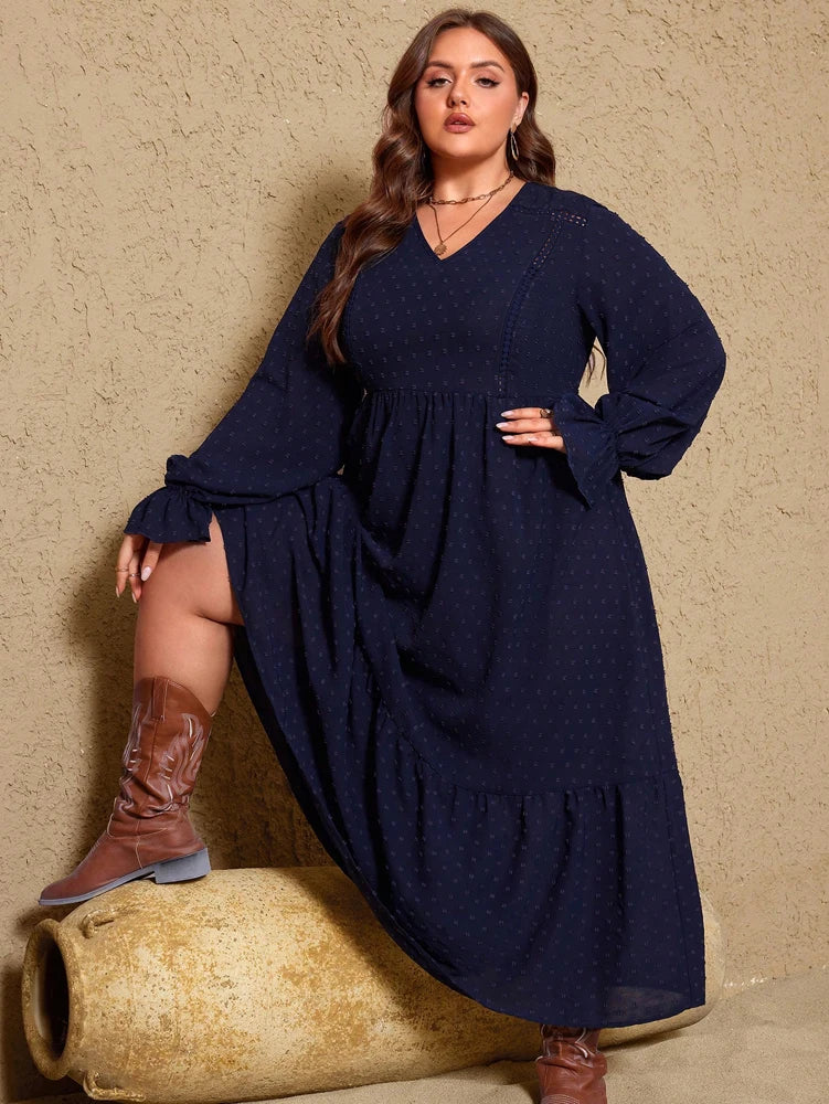 Navy V-Neck Long Puff Sleeve Maxi Dress Bazaare Mart Navy Blue Velvet Long Lantern Sleeve Maxi Dress