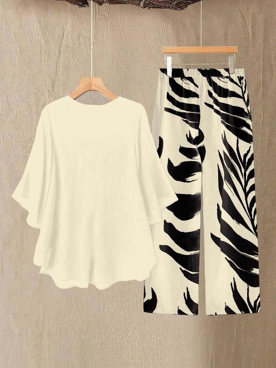 Women's Chiffon Overlay Top & Tropical Leaf Print Wide Leg Pants 2 Piece Set | Elegant Summer Resort Outfit Bazaare Mart 2 pc. Pants Outfit