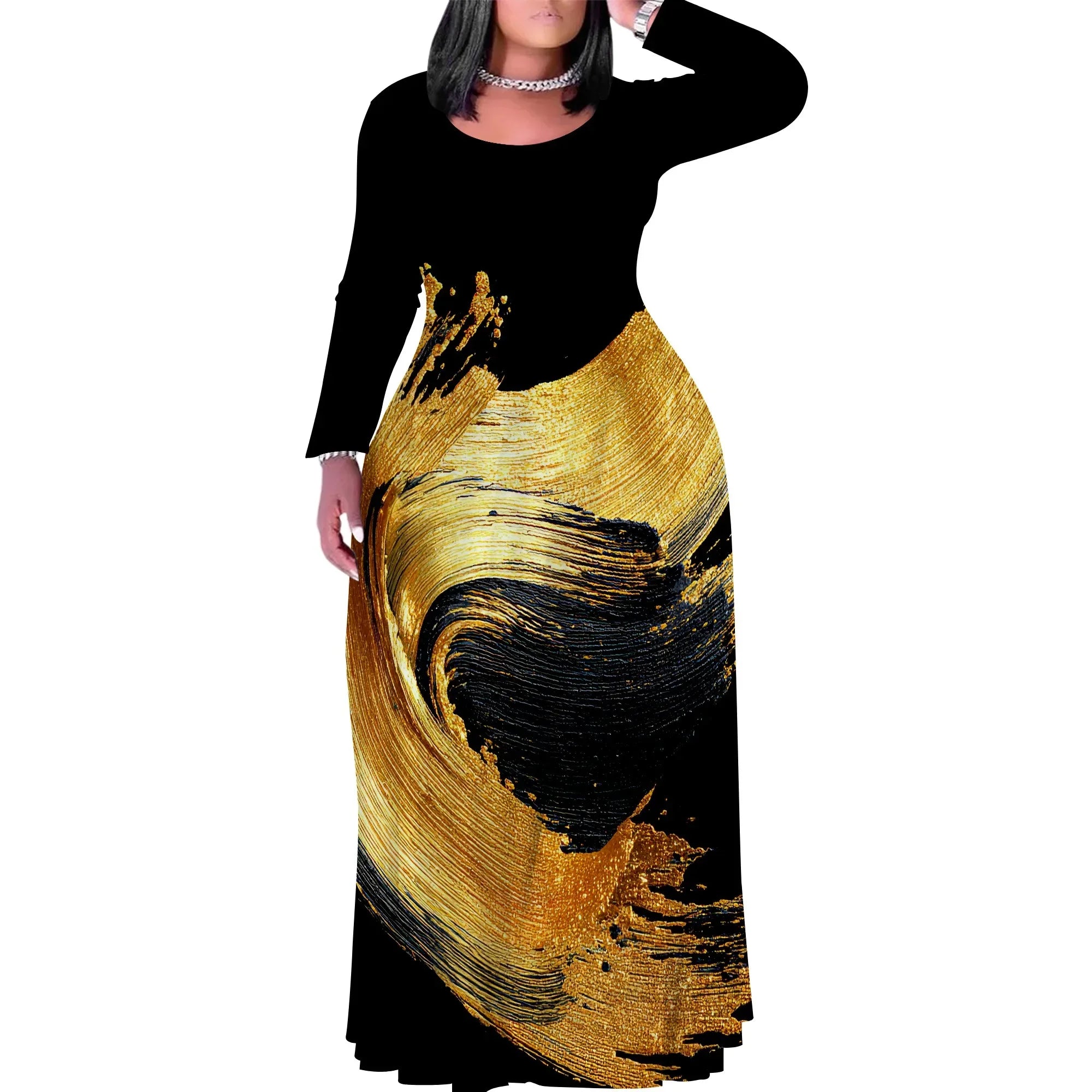 Tie Dye Print Scoop Neck Long Sleeve Maxi Dress Pattern-15 CHINA Bazaare Mart Tie Dye Print Scoop Neck Long Sleeve Maxi Dress