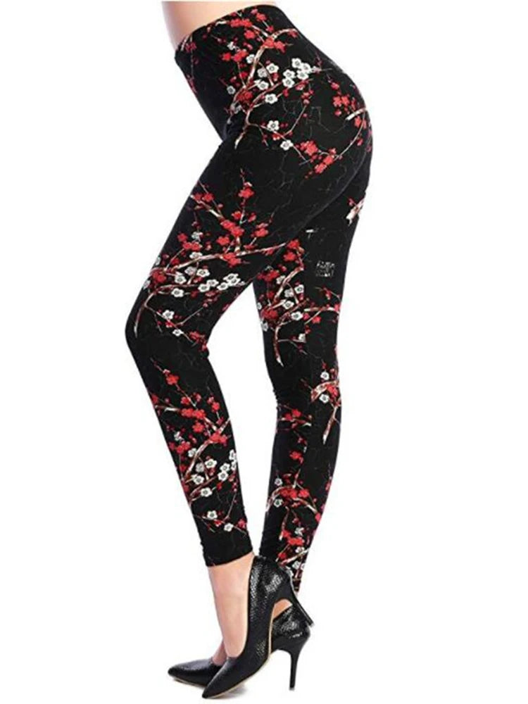 Women's Printed Leggings – Stretch Ankle-Length Fashion Leggings with Unique Pattern Designs PD160Plum Blossom Bazaare Mart Leggings