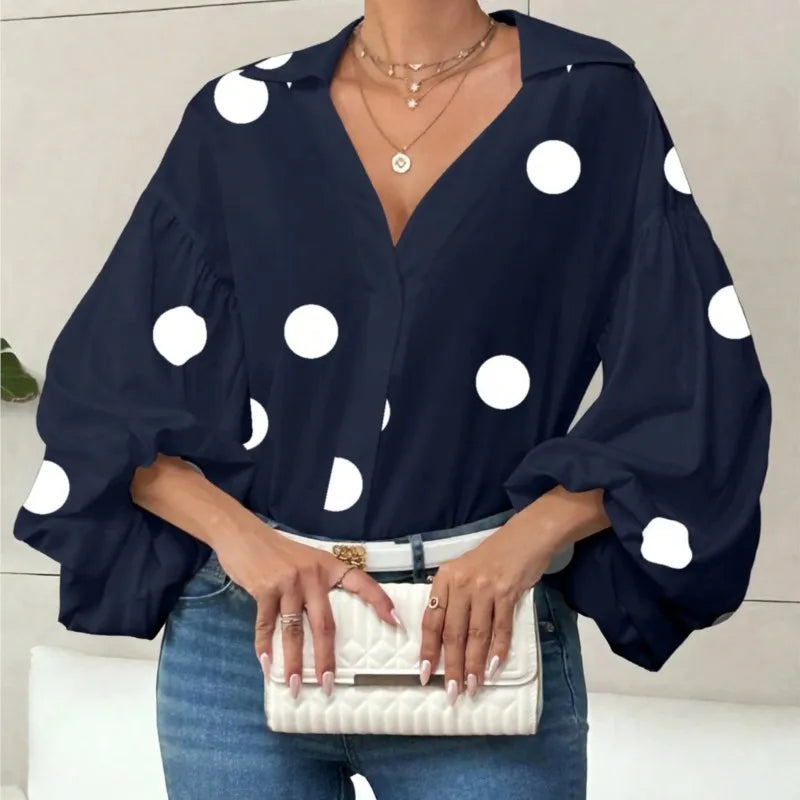 Boho Women's Blouses Spring Fall New Fashion French Polka Dot Half-neck Design Loose Puff Long-sleeve Top Casual Shirts Women Bazaare Mart