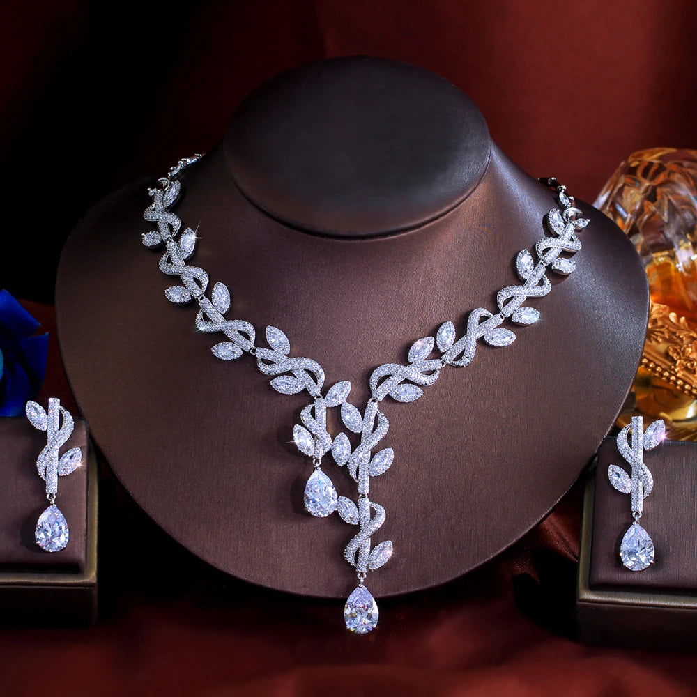 Water Drop Zirconia Leaf Bridal Jewelry Set White Bazaare Mart Water Drop Zirconia Leaf Bridal Jewelry Set